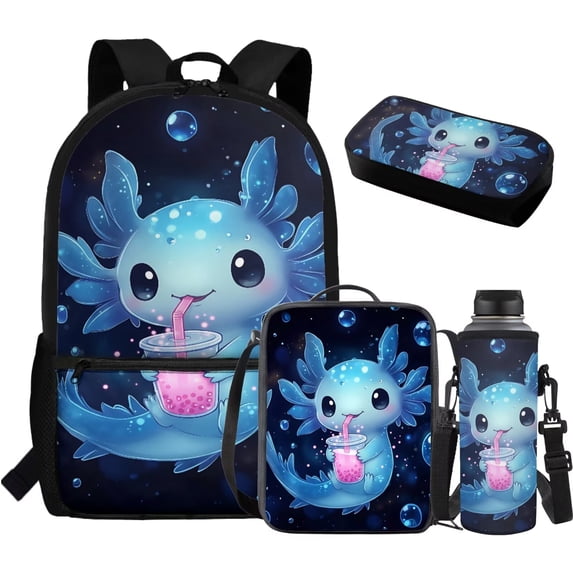Yuyamidu Blue Axolotl Kids School Backpack Set, 4 Pieces with Lunch Bag, Pencil Case and Water Bottle Carrier, Large Capacity Backpack for Elementary, Middle School and Travel