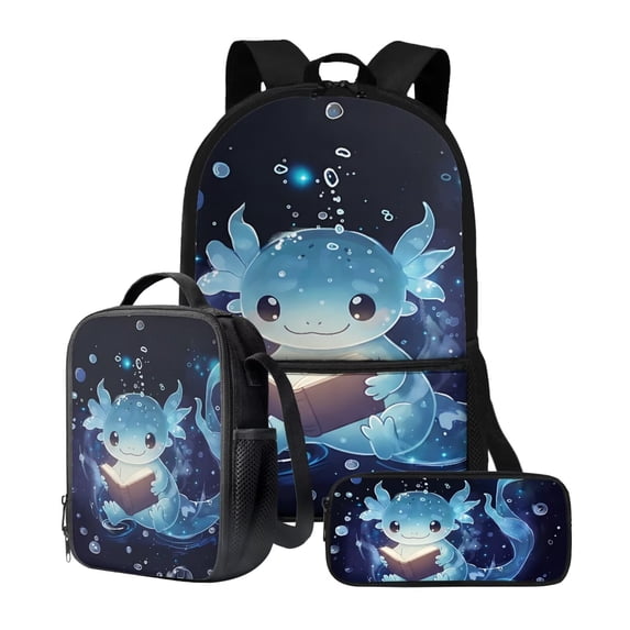 Yuyamidu Blue Axolotl School Backpack Set of 3, 17 Inch Kids Bookbag with Lunch Bag and Pencil Case, Lightweight Large Capacity Backpack for School Travel