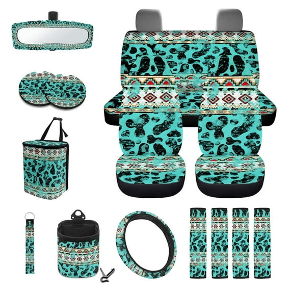 Yuyamidu Blue Aztec Ethnic Car Front Back Seat Covers with Car Steering Wheel Cover Seat Belt Pads Cup Coasters Garbage Cans Rear View Mirror Cover Keychain Air Vent Storage Holder Set of 15
