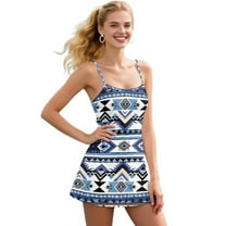 Yuyamidu Blue Aztec Ethnic Tennis Dress with Built in Shorts, Sleeveless Athletic Backless Dress for Women Size XS Golf Athletic Dresses with Pocket Golf Outfits