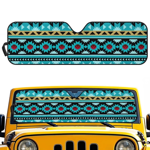 Yuyamidu Blue Aztec Windshield Sun Shade for 2018-2024 Jeep Wrangler JL JLU & Gladiator JT, Gemoetric Sunshades Heat Shield Car Front Window Sunshade