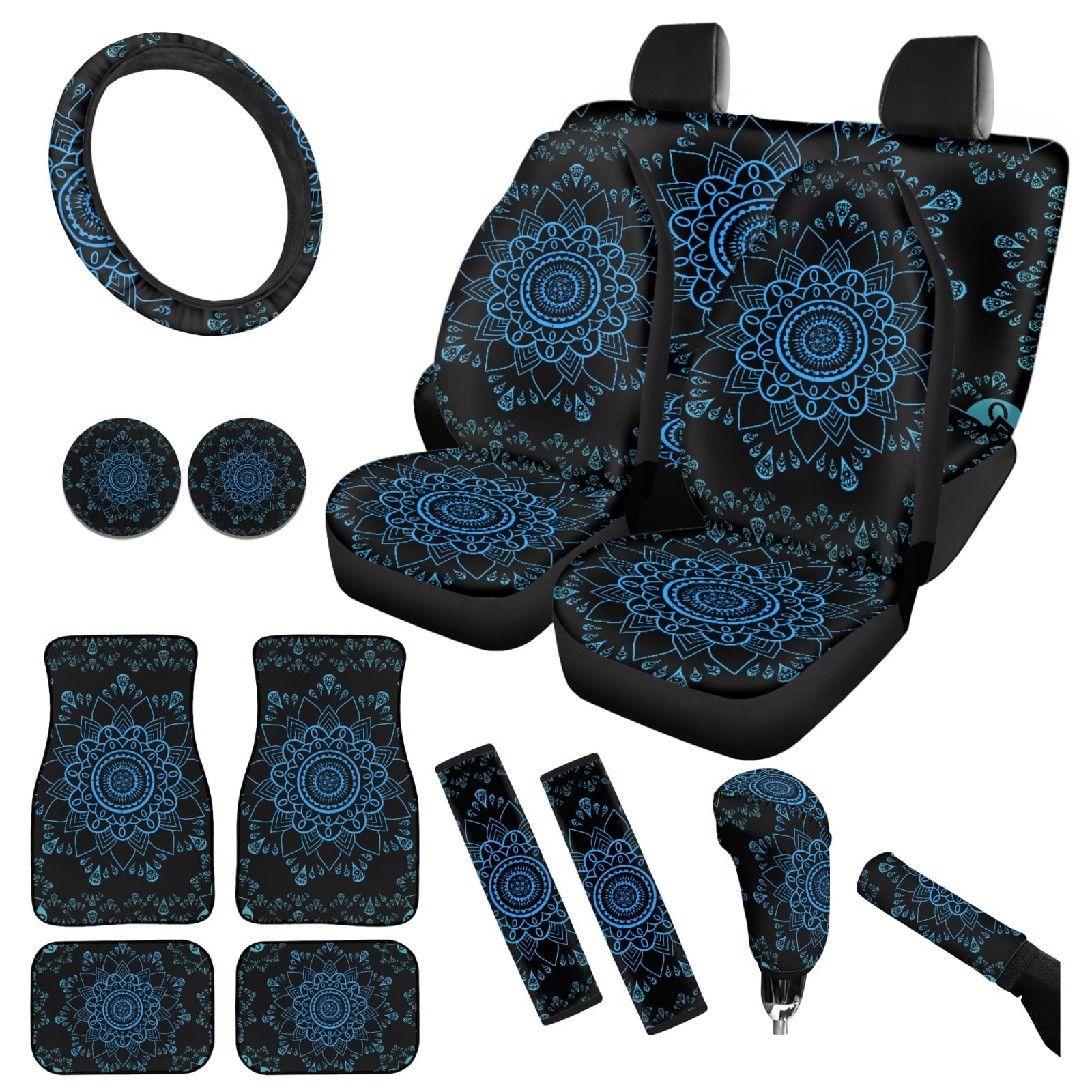 Yuyamidu Blue Boho Car Seat Cover Full Set of 15 Flower Car Carpet Mats Steering Wheel Cover Seat Belt Covers Cup Coasters Handbrake Cover Set
