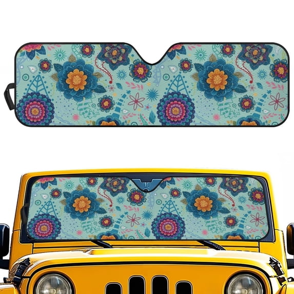 Yuyamidu Blue Boho Flowers Windshield Sun Shade for 2018-2025 Jeep Wrangler JL JLU & 2020-2025 Jeep Gladiator, Front Window Sun Visor Blocks UV Rays Foldable Sunshade