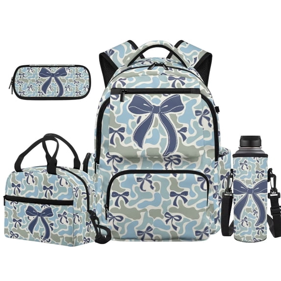 Yuyamidu Blue Bow Camo 17 Inch School Backpack Set, 4Pcs with Lunch Bag Pencil Case Water Bottle Sleeve, Lightweight Bookbag for Teens Girls Boys Travel Daypack