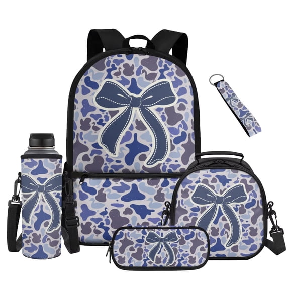 Yuyamidu Blue Bow Camo School Backpack and Lunch Bag, Pencil Case, Water Bottle Pouch & Keychain Set of 5, 17 Inch Lightweight Multi-Pocket Bookbag for Girls 6-10