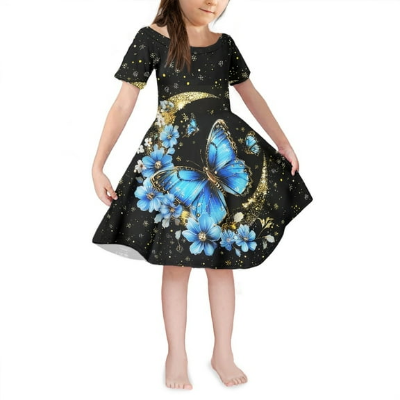 Yuyamidu Blue Butterflt Skater Dress for Kids Girls Toddler Floral Short Sleeve Swing Skater Casual Midi Dress Age 7-8 Years Moon Crew Neck Princess Dress Summer Dresses