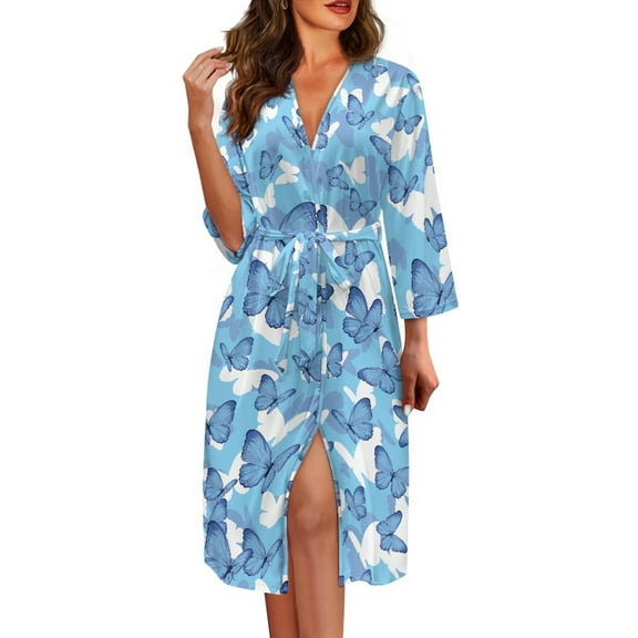 Yuyamidu Blue Butterfly 3/4 Sleeve Bathrobe for Women Ladies Kimono Robe Loose Sleepwear for Pregnancy Novelty Long Spa Robe Size S Lightweight Mid-Calf Length Nightgown