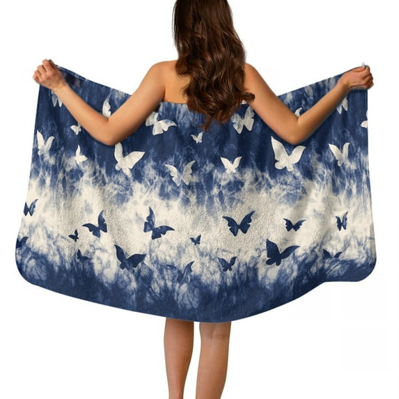 Yuyamidu Blue Butterfly Bath Towel Wrap for Women Soft Knee Length Shower Towels Comfortable Terry Cloth Bath Wrap Towel with Pocket Fluffy Bath Towels Size L