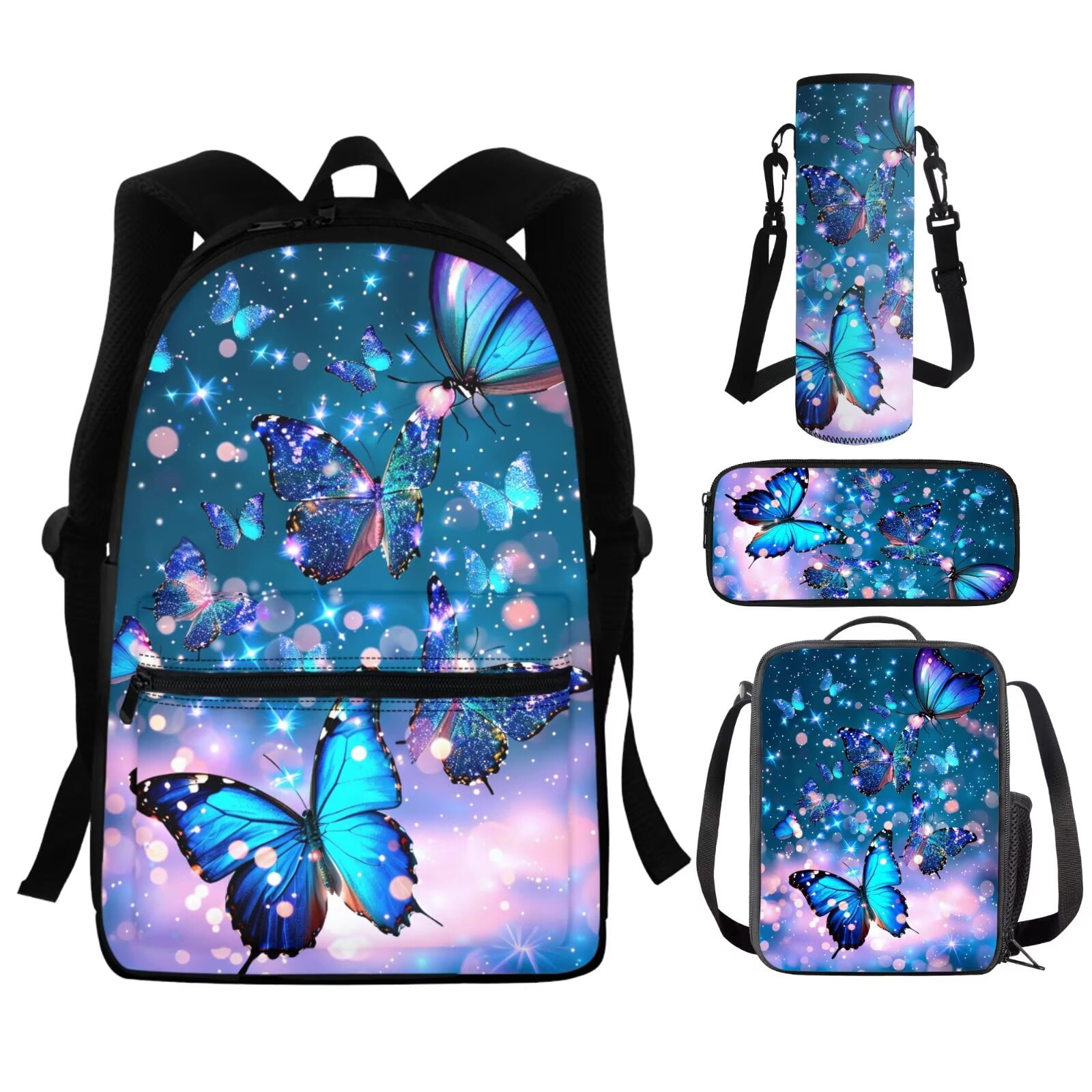 Yuyamidu Blue Butterfly Bookbag with Lunch Box Set Bling Backpack for ...