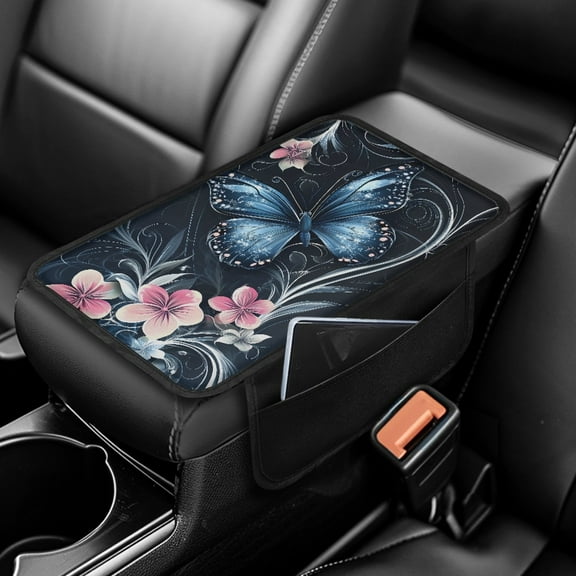 Yuyamidu Blue Butterfly Car Armrest Cover with Pockets Pink Flower Automotive Armrest Pad Soft Car Center Console Armrest Cushion Cover Auto Accessories for Most Vehicles