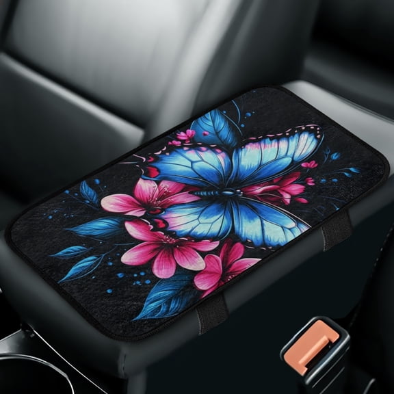 Yuyamidu Blue Butterfly Car Armrest Pad Cover Pink Flower Center Console Cover Anti-Scratch Auto Console Covers Fashion Car Interior Accessories Fit SUV Sedan Truck
