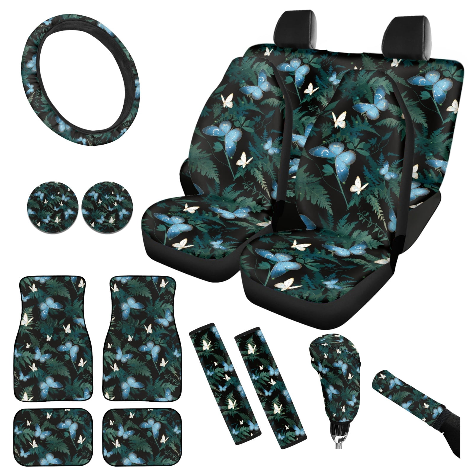 Yuyamidu Blue Butterfly Car Seat Cover Full Set Green Leaves Car Floor Mats Steering Wheel Cover Seatbelt Pad Gear Shift Knob Cover Cup Coaster Auto Interior Accessories Set of 15