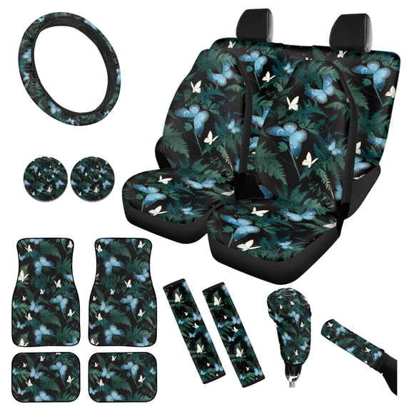 Yuyamidu Blue Butterfly Car Seat Cover Full Set Green Leaves Car Floor Mats Steering Wheel Cover Seatbelt Pad Gear Shift Knob Cover Cup Coaster Auto Interior Accessories Set of 15