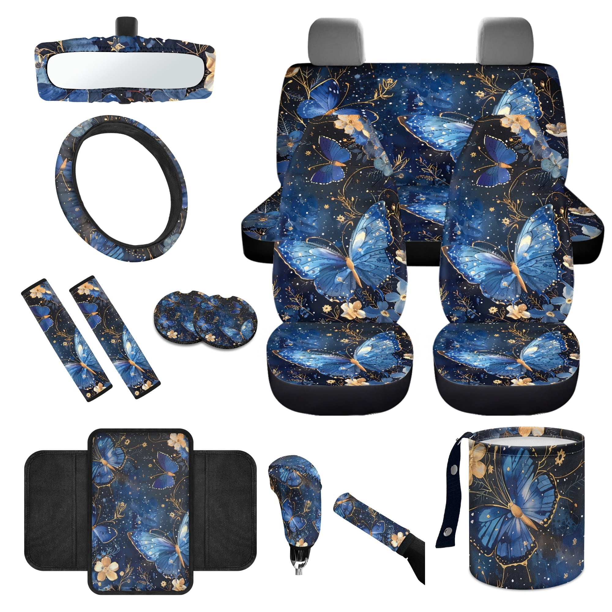 Yuyamidu Blue Butterfly Car Seat Cover Set of 14 Fashion Steering Wheel Cover Seat Belt Cover Garbage Bin Armrest Cover Rearview Mirror Cover Cup Mat Gear Shift Knob Cover Handbrake Cover