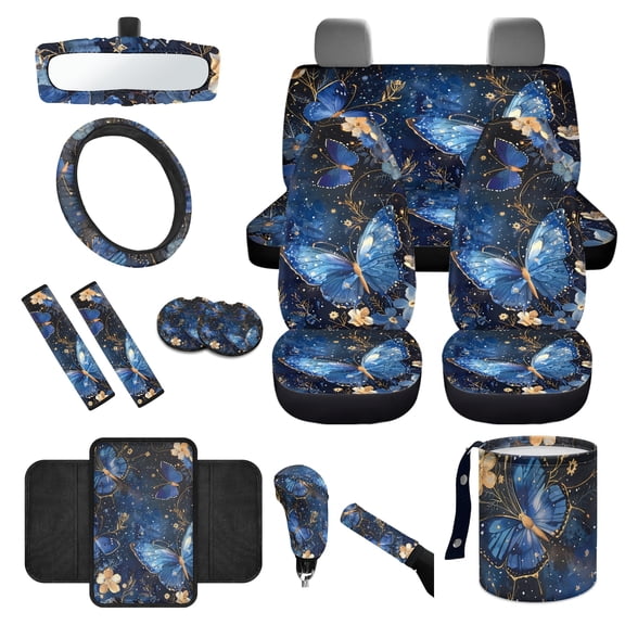 Yuyamidu Blue Butterfly Car Seat Cover Set of 14 Fashion Steering Wheel Cover Seat Belt Cover Garbage Bin Armrest Cover Rearview Mirror Cover Cup Mat Gear Shift Knob Cover Handbrake Cover