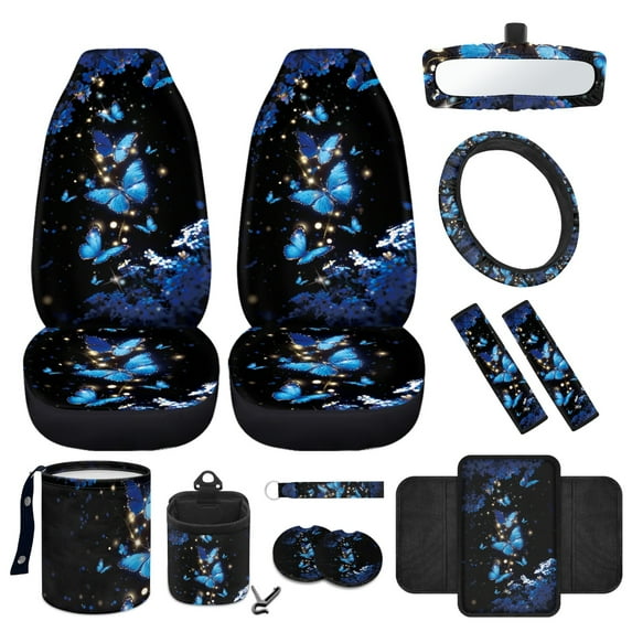 Yuyamidu Blue Butterfly Car Seat Cover Set Front Seat Cover Flower Steering Wheel Cover Seatbelt Pads Armrest Cover Trash Can Air Vent Holder Rear View Mirror Cover Coasters Key Chain, 12 Piece