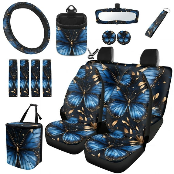Yuyamidu Blue Butterfly Car Seat Covers Set of 15 Stylish Steering Wheel Cover Seatbelt Cushion Pad Trash Bin Car Vent Organizer Pouch Rearview Mirror Cover Cup Holder Wristlet Keychain