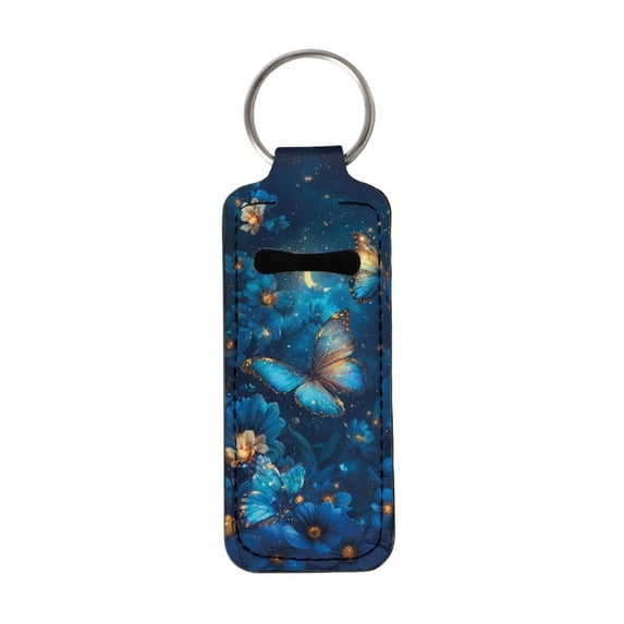 Yuyamidu Blue Butterfly Chapstick Holder Keychain Flower Chapstick Sleeve Keychain Elastic Lipstick Holder Lip Balm Pouch Fashion Keychain Holder for Womens