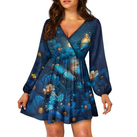Yuyamidu Blue Butterfly Long Sleeve Dress for Women Size M Flower High Waistline Flared Dress for Shopping Party Vacation Womens V Neck Midi Dress A-Line Fit Dresses