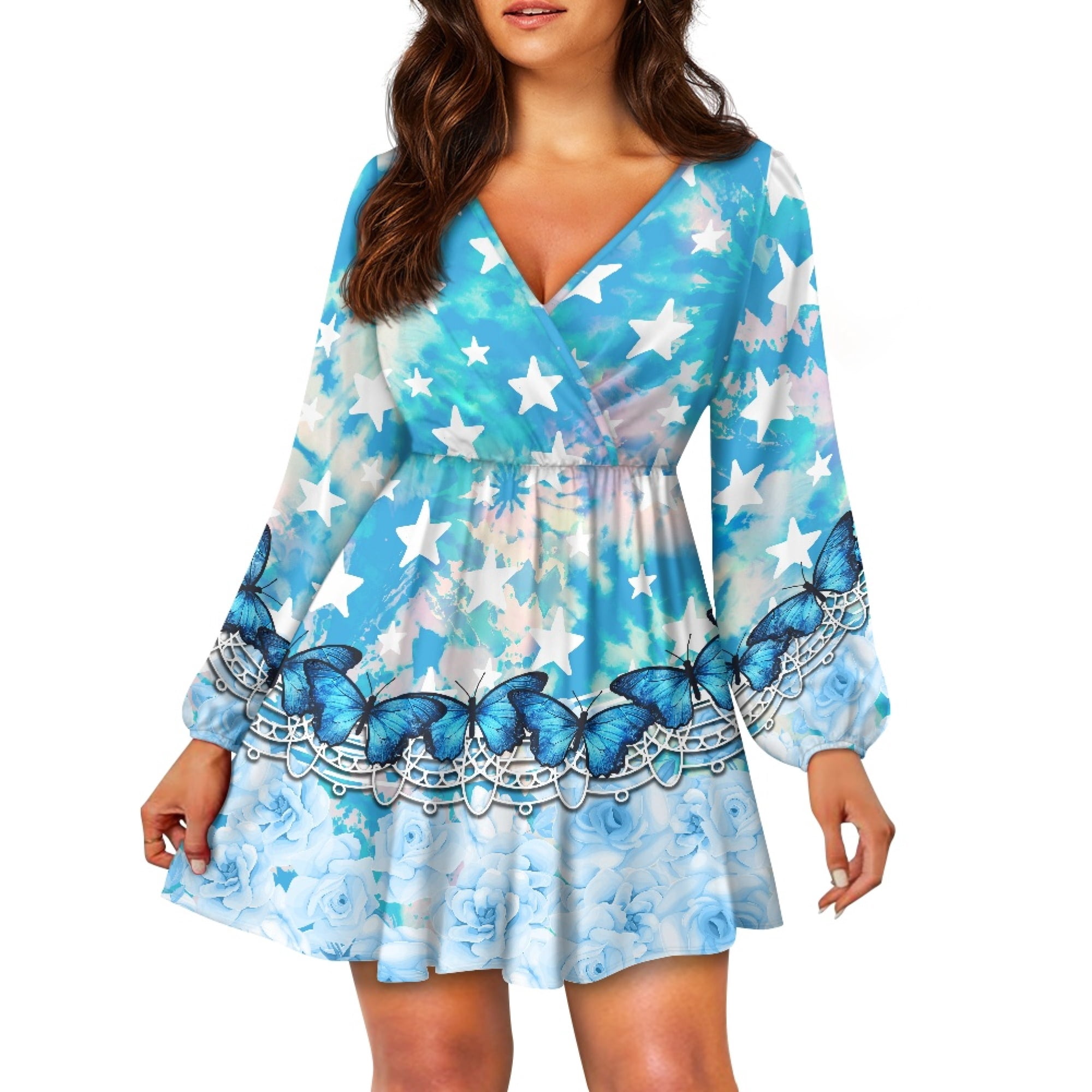 Yuyamidu Blue Butterfly Long Sleeve Dresses for Women Girls Flower A-Line Swing Flared Casual Party Dress Size XL Fashion V-Neck Midi Dress for Fall Winter