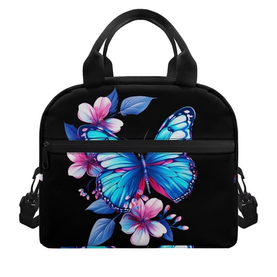 Yuyamidu Blue Butterfly Lunch Bag for Kids 6th Grade Elementary School Lunch Box Girls 10-12/12-14 Insulated Lunchbox Container for School Picnic Flower Cooler Tote with Strap