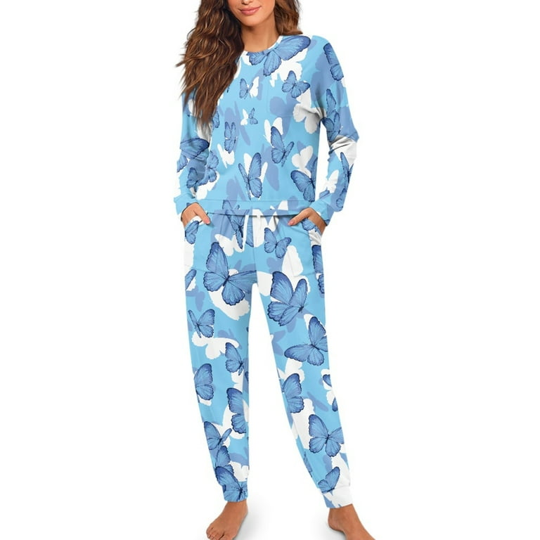 Yuyamidu Blue Butterfly Pajamas Set for Women with Pockets