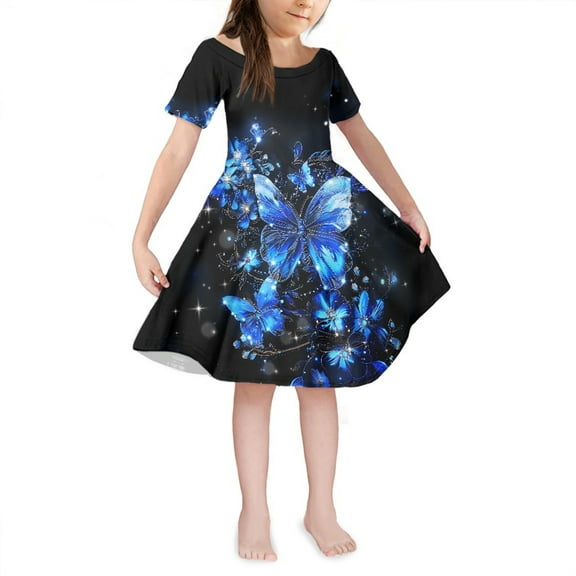 Yuyamidu Blue Butterfly Princess Dresses for Girls 3-4 Years Old Kids One-Shoulder Party Dress Special Occasion Dresses Novelty A-Line Sundress, Short Sleeve Skater Dress