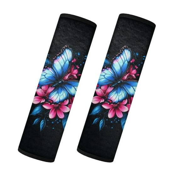 Yuyamidu Blue Butterfly Seat Belt Cover Pad for Adults Pink Flower Car Seatbelt Cushion Covers for SUV Sedan Truck Winter Car Seatbelt Protector 2 PCS Flannel Auto Accessories