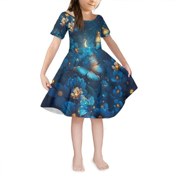 Yuyamidu Blue Butterfly Summer Dresses for Teen Girls Flower Midi Length Casual Dresses for Kids 11-12 Girls Princess Dress Outdoor Vacation Play Skater Twirl Dresses