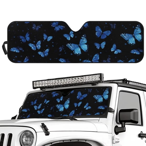 Yuyamidu Blue Butterfly Windshield Sun Shade Compatible with Jeep Wrangler JK JKU JL JLU 1997-2023 & Jeep Gladiator JT 2020-2023 16.14" x 52.95" Folding Front Window Sun Shade for Car Accessories