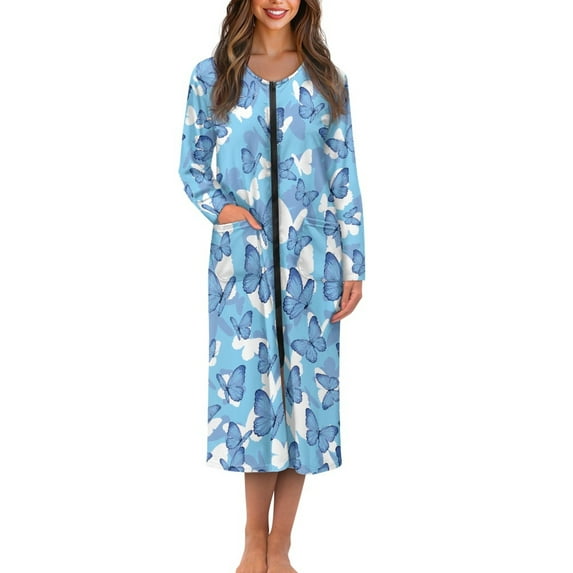 Yuyamidu Blue Butterfly Womens Robes with Zipper Casual Long Sleeve Bathrobe with Front Zipper Soft Round Neck Gowns for Ladies Sleepwear Housecoat Ladies Pajama Nightgown Size 2XL