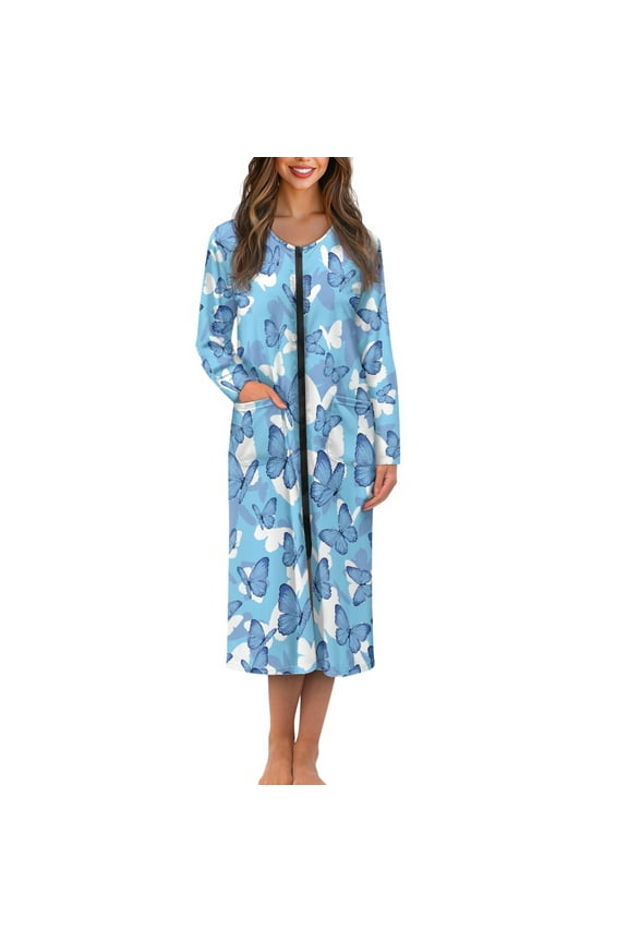 Blue Butterfly Womens Robes with Zipper Casual Long Sleeve Bathrobe with Front Zipper Soft Round Neck Gowns for Ladies Sleepwear Housecoat Ladies Pajama Nightgown Size 2XL