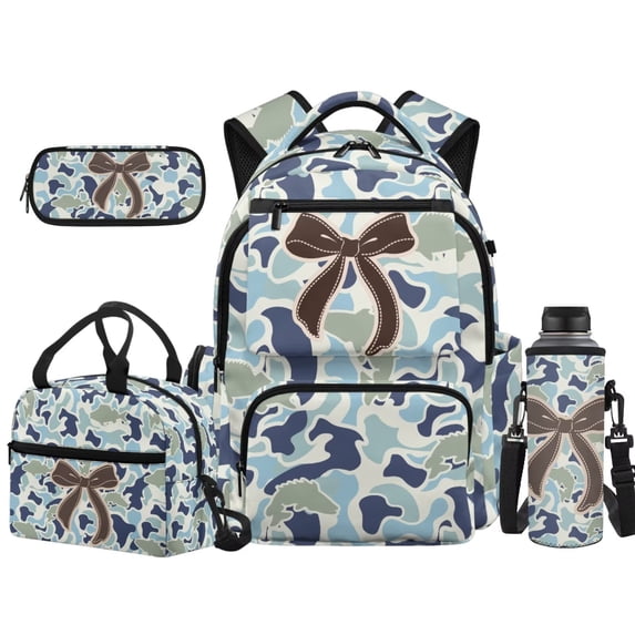 Yuyamidu Blue Camo Bow 4Pcs School Backpack Set, 17 Inch Large Capacity Bookbag with Lunch Box Pencil Case Water Bottle Sleeve for Girls Boys Students Daily Travel