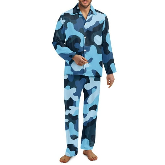 Yuyamidu Blue Camo Button Pajamas Set for Men Size 2XL 2 Piece Camouflage Long Sleeve Sleepwear Top and Pants with Pockets Soft Relaxed Loungewear Sports Outfits for Walking Jogger