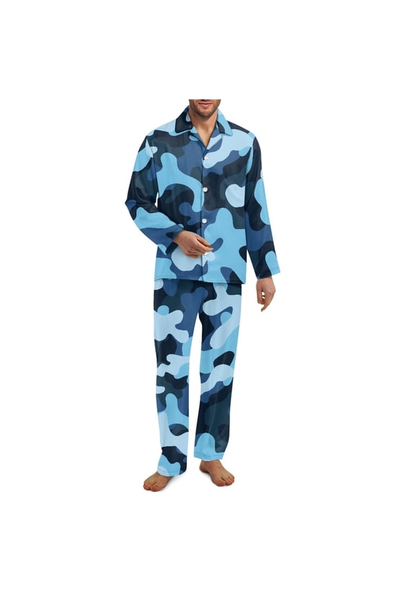 Blue Camo Button Pajamas Set for Men Size XS 2 Piece Camouflage Long Sleeve Sleepwear Top and Pants with Pockets Soft Relaxed Loungewear Sports Outfits for Walking Jogger