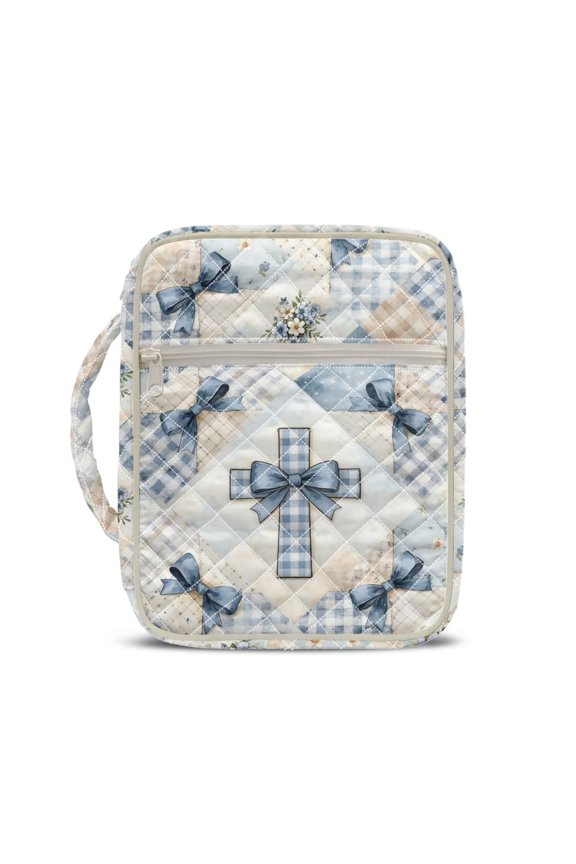 Blue Cross Bible Cover Case for Women Blue Bow Quilted Bible Carrying Case with Handle Lightweight Quilted Carrying Bible Study Supplies Accessories