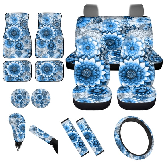 Yuyamidu Blue Dahlia Car Seat Cover Full Set of 15 Car Floor Mats Auto Steering Wheel Cover Seatbelt Pads Handbrake Cover Set Coasters