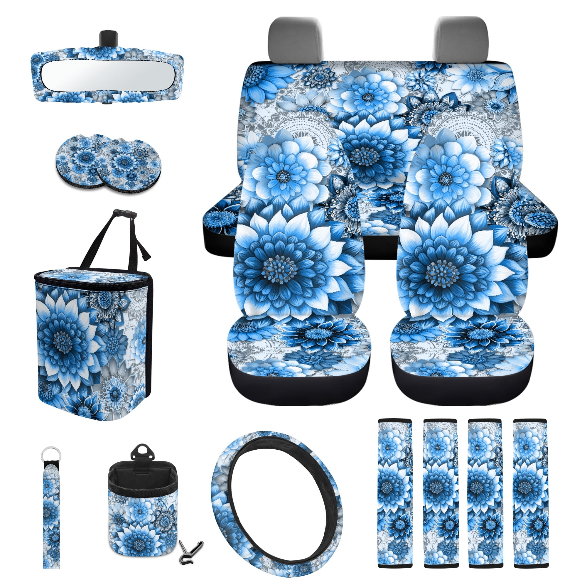 Yuyamidu Blue Dahlia Car Seat Cover Set of 15 Flower Steering Wheel Cover Auto Seat Belt Strap Pad Cup Mat Trash Bag Air Vent Organizer Rear View Mirror Protector Wristlet Keychain