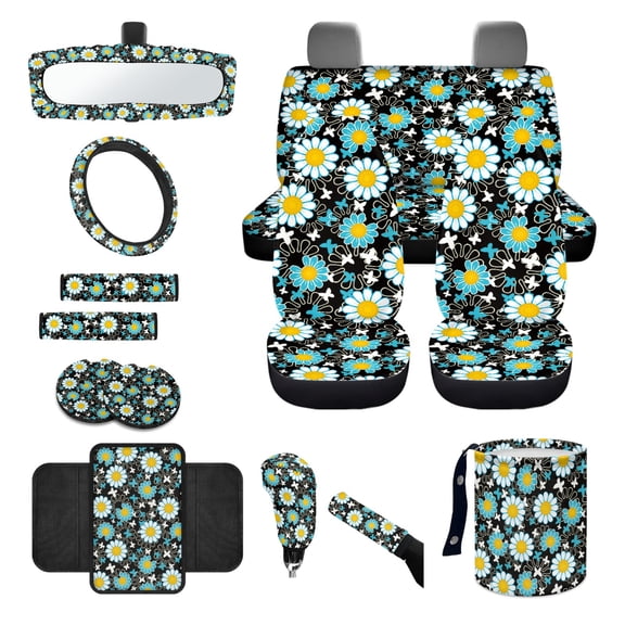 Yuyamidu Blue Daisy Car Seat Covers Full Set Women Steering Wheel Cover Safe Belt Pads Handbrake Cover Set Coasters Garbage Container Rear View Mirror Cover Car Center Console Cover, 14 Pack