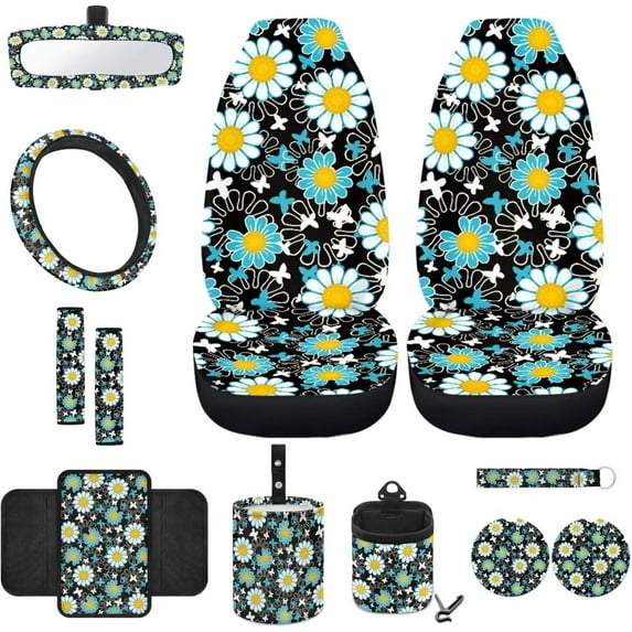 Yuyamidu Blue Daisy Front Car Seat Covers Set with Armrest Pad Butterfly Steering Wheel Cover Seat Belt Strap Cover Trash Bag Mount Phone Holder Rearview Mirror Cover Cup Holders Key Chain, 12 PCS