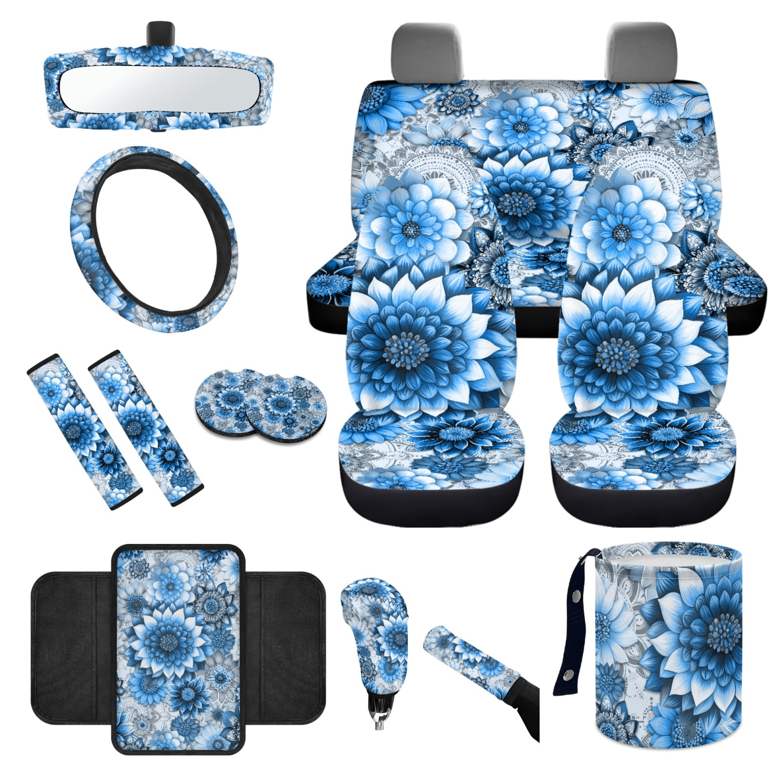 Yuyamidu Blue Dalia Car Seat Cover Set of 14 Boho Steering Wheel Cover Seat Belt Pads Waste Basket Bin Rearview Mirror Cover Cup Holder Center Console Cover Handbrake Cover Gear Shift Cover