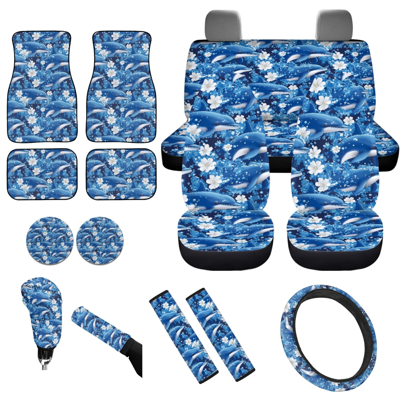 Yuyamidu Blue Dolphin Car Seat Cover Set with Floor Mats Flower Steering Wheel Cover Seat Belt Cushion Pad Auto Handbrake Cover Set Car Coasters, 15 Piece