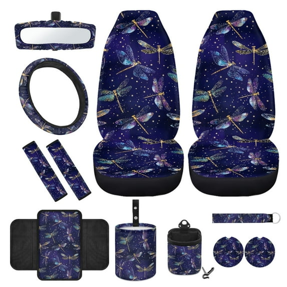 Yuyamidu Blue Dragonfly Front Car Seat Covers Set of 12 Aesthetic Steering Wheel Cover Seat Belt Pads Armrest Cover Cup Mat Trash Bag Air Vent Pocket Rearview Mirror Cover Keyring Car Accessories