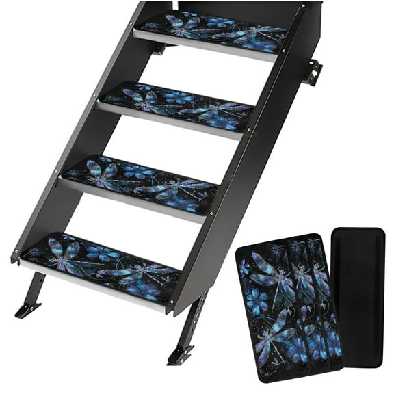 Yuyamidu Blue Dragonfly RV Step Covers Rugs with Hook and Loop Flower RV Carpet Stair Covers Washable RV Step Rug 4 Pack Outdoor Step Mats for Mobile Home, Campers