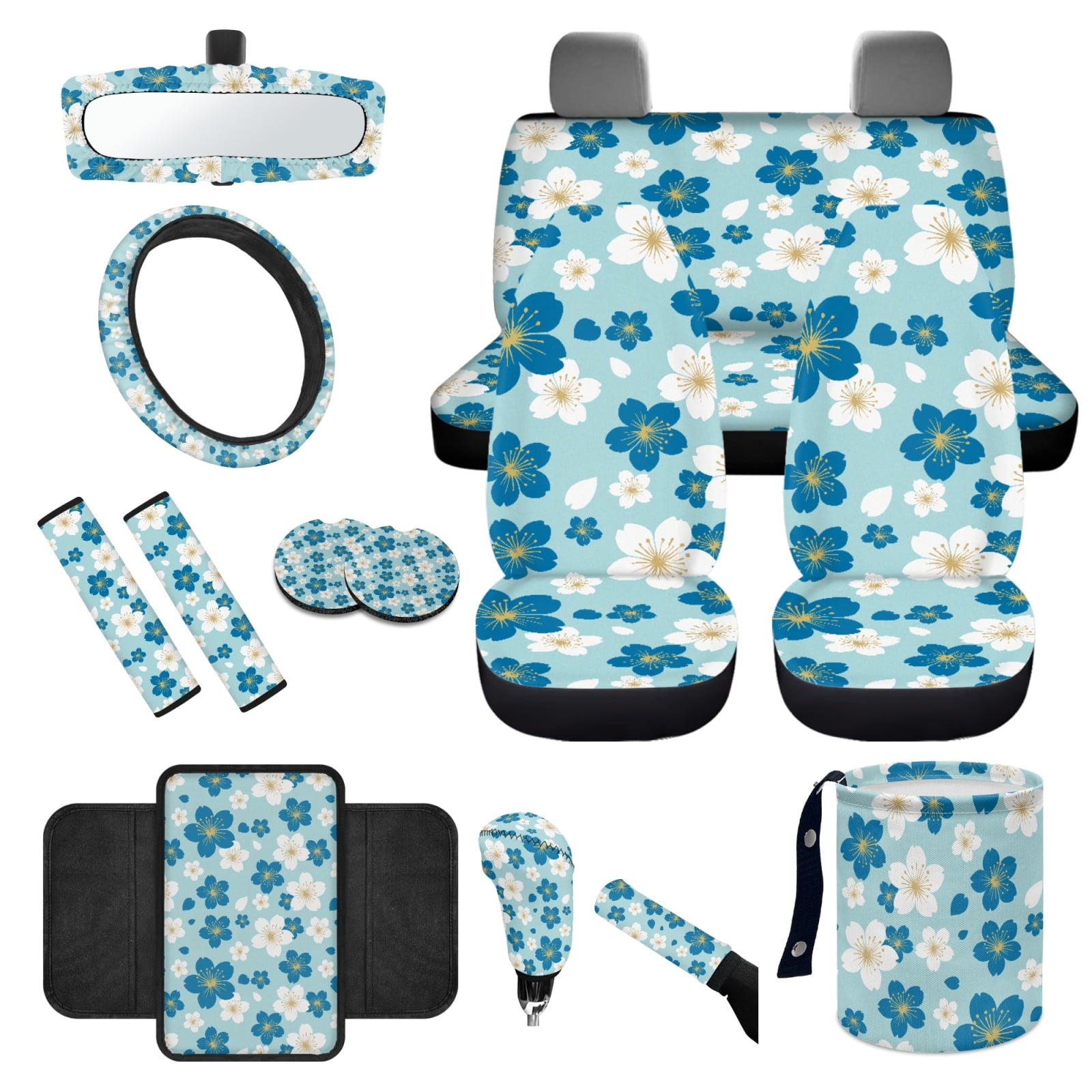 Yuyamidu Blue Flower Car Seat Covers Cute Steering Wheel Cover Seat Belt Cover Cup Holders Garbage Can Car Center Console Pad Handbrake Cover Gear Shift Knob Cover Rearview Mirror Cover, Pack of 14