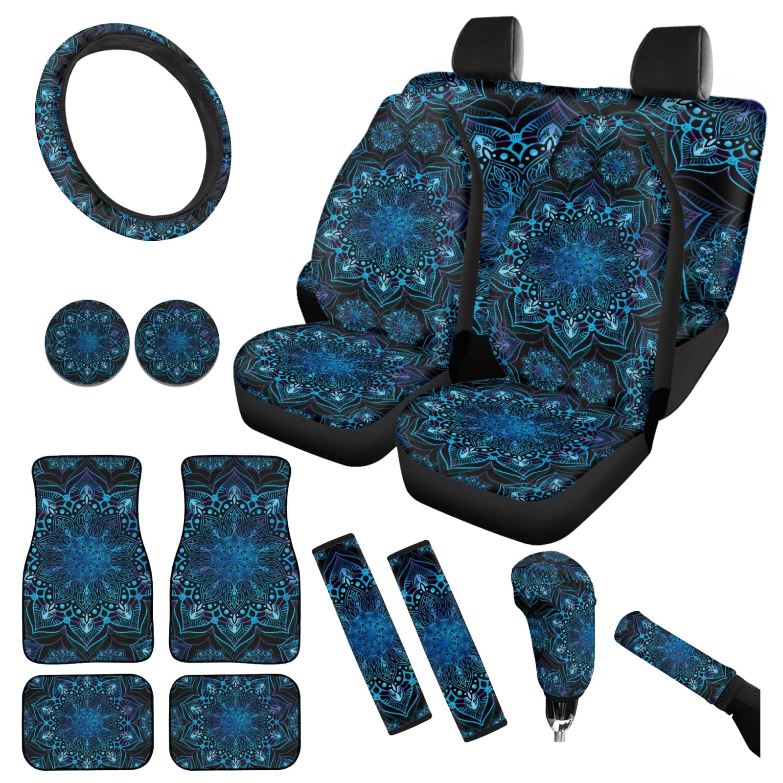 Yuyamidu Blue Front Back Car Seat Covers Full Set of 15 Boho Flower Blossom Car Floor Mats Steering Wheel Cover Seat Belt Cover Gear Shift Knob Cover Handbrake Cover Coasters Auto Accessories