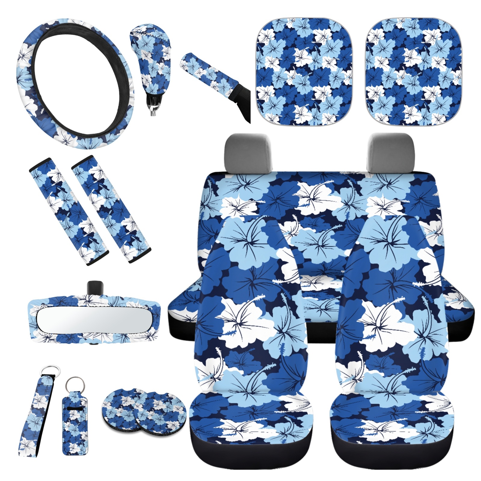 Yuyamidu Blue Hibiscus Car Seat Covers Full Set of 16 Flower Steering Wheel Cover Seatbelt Pads Coasters Sunshade Rear View Mirror Cover Key ChainGear Shift Cover Hand Brake Cover Universal Fit