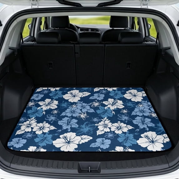Yuyamidu Blue Hibiscus Car Trunk Mat, 29 x 39 Inch Universal Fit All Weather Cargo Liner, Non-Slip Rear Trunk Mat, Stain Resistant Machine Washable Auto Interior Accessory