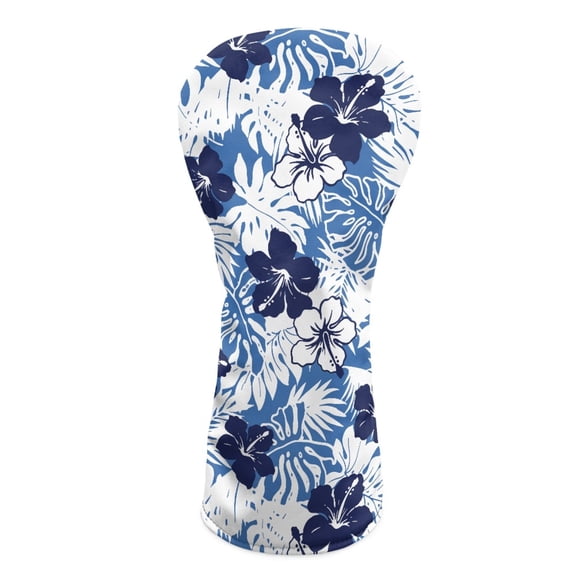 Yuyamidu Blue Hibiscus Golf Head Covers for Driver Fairway Woods Headcovers PU Leather Golf Club Head Cover Blue Palm Leaves Golf Club Covers
