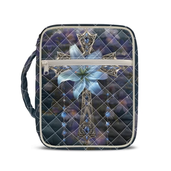 Yuyamidu Blue Lily Bible Cover Cross Bible Carrying Book Case for Women Protective Church Organizer Holder Bag with Handle Pockets Christian Gifts